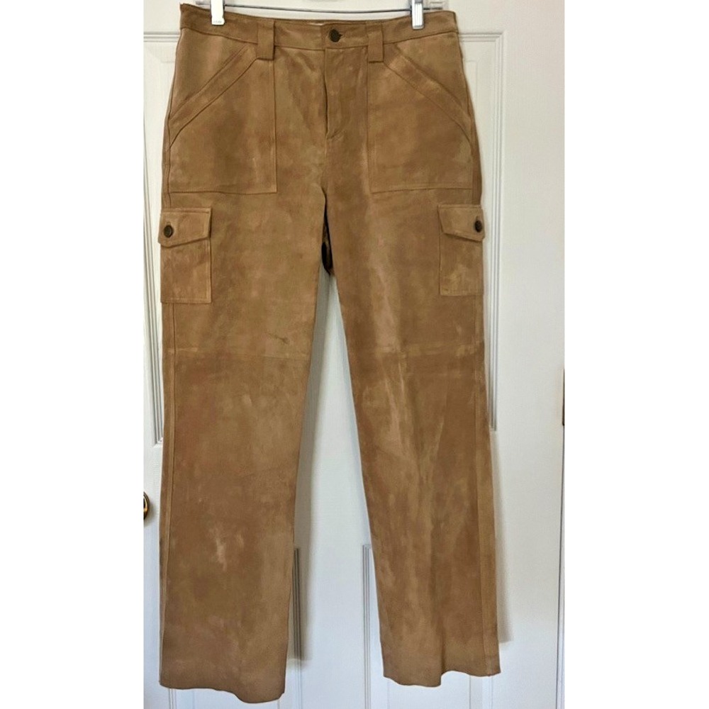 Suede Cargo Pants Womens 10 Petite Tan Genuine Leather Lined Utility